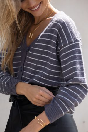 Zammy Lurex Strip Button Front Cardigan – Grey