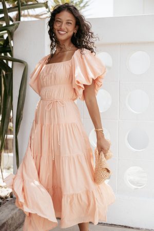 Julie Off Shoulder Midi Dress – Peach
