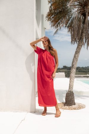 Roma One Shoulder Midi Dress – Red