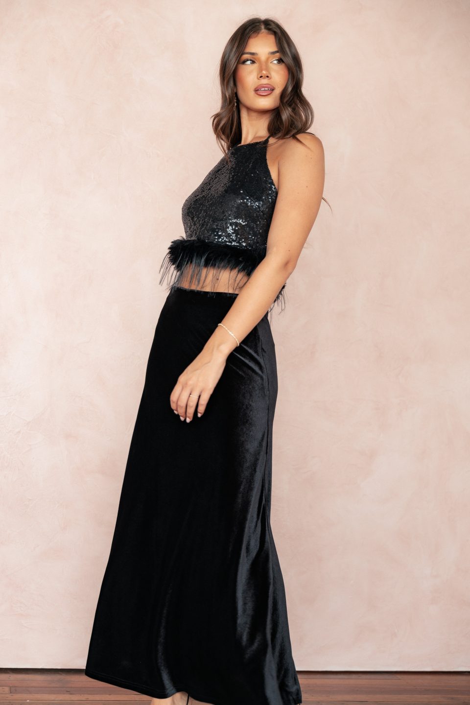 Suri Velvet Maxi Skirt - Black