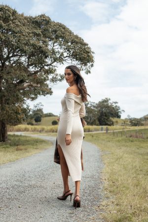 Cammie Long Sleeve Midi Dress – Beige
