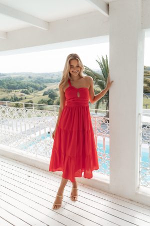 Vinny One Shoulder Maxi Dress – Red
