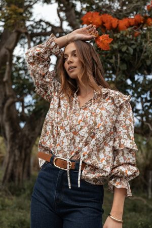 Selmah Long Sleeve Top – Cream Olive Orange