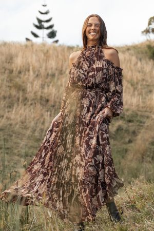 Hilary Pleated Maxi Dress – Brown Floral