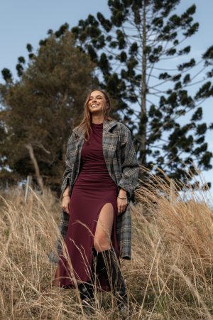 Torie Waist Tie Long Coat – Grey Check