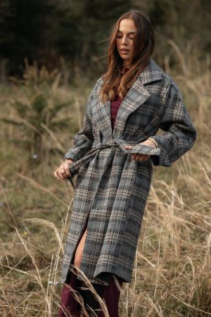 Torie Waist Tie Long Coat – Grey Check