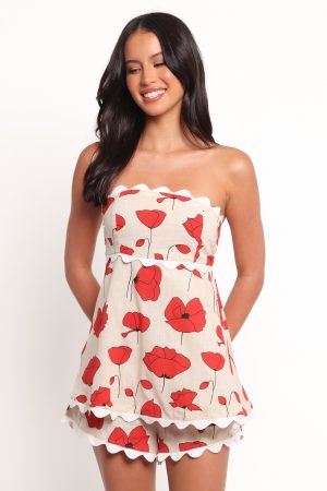 Romia Strapless Romper – Red Beige Poppy