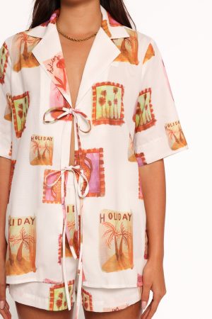 Aaliyah Tie Front Top – White Multi