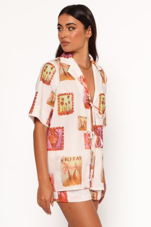 Aaliyah Tie Front Top – White Multi