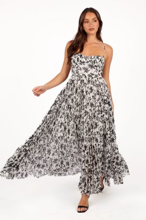 Achanti Pleated Maxi Dress – White Black Floral
