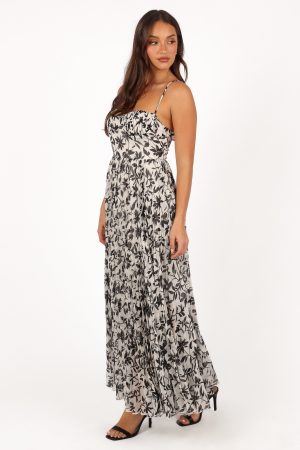 Achanti Pleated Maxi Dress – White Black Floral