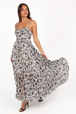 Achanti Pleated Maxi Dress – White Black Floral