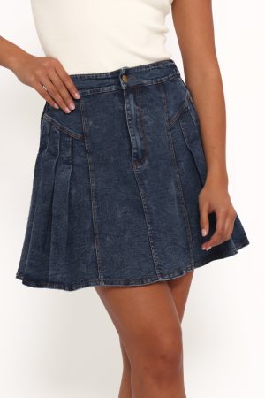 Alek Pleated Mini Skirt – Mid Wash Denim