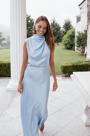 Anabelle Halter Neck Lace Maxi Dress – Baby Blue