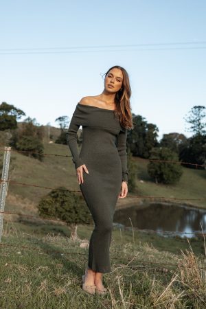 Archie Off The Shoulder Midi Dress – Olive