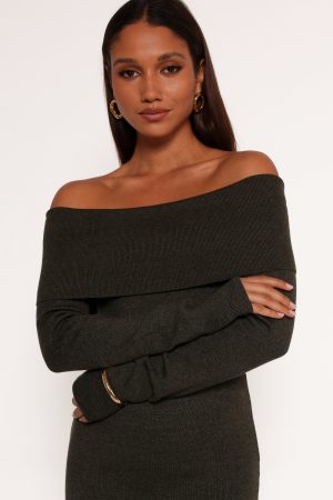 Archie Off The Shoulder Midi Dress – Olive