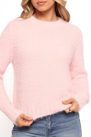 Aspra Fuzzy Crewneck Knit Sweater – Pink