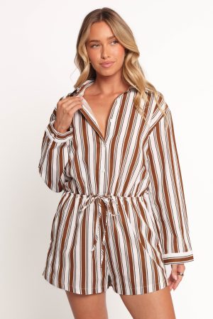 Beau Long Sleeve Playsuit – Chocolate Stripe