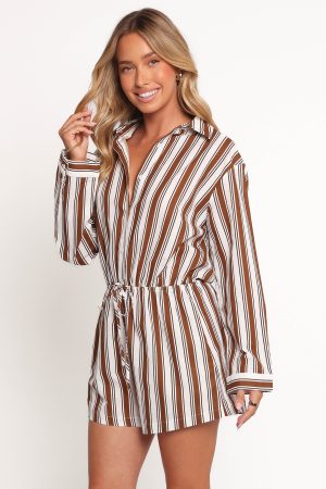 Beau Long Sleeve Playsuit – Chocolate Stripe