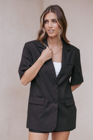 Brielle Short Sleeve Blazer Top – Black