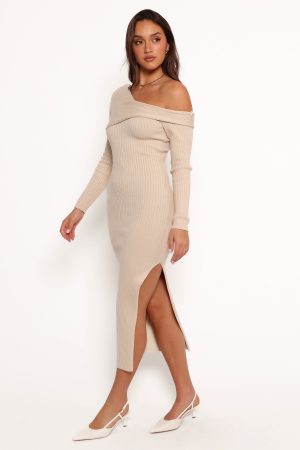 Cammie Long Sleeve Midi Dress – Beige