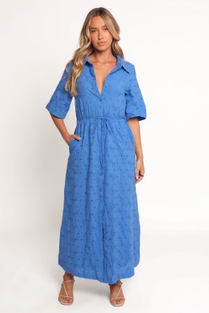 Cooper Embroidered Button Through Midi Dress – Cobalt