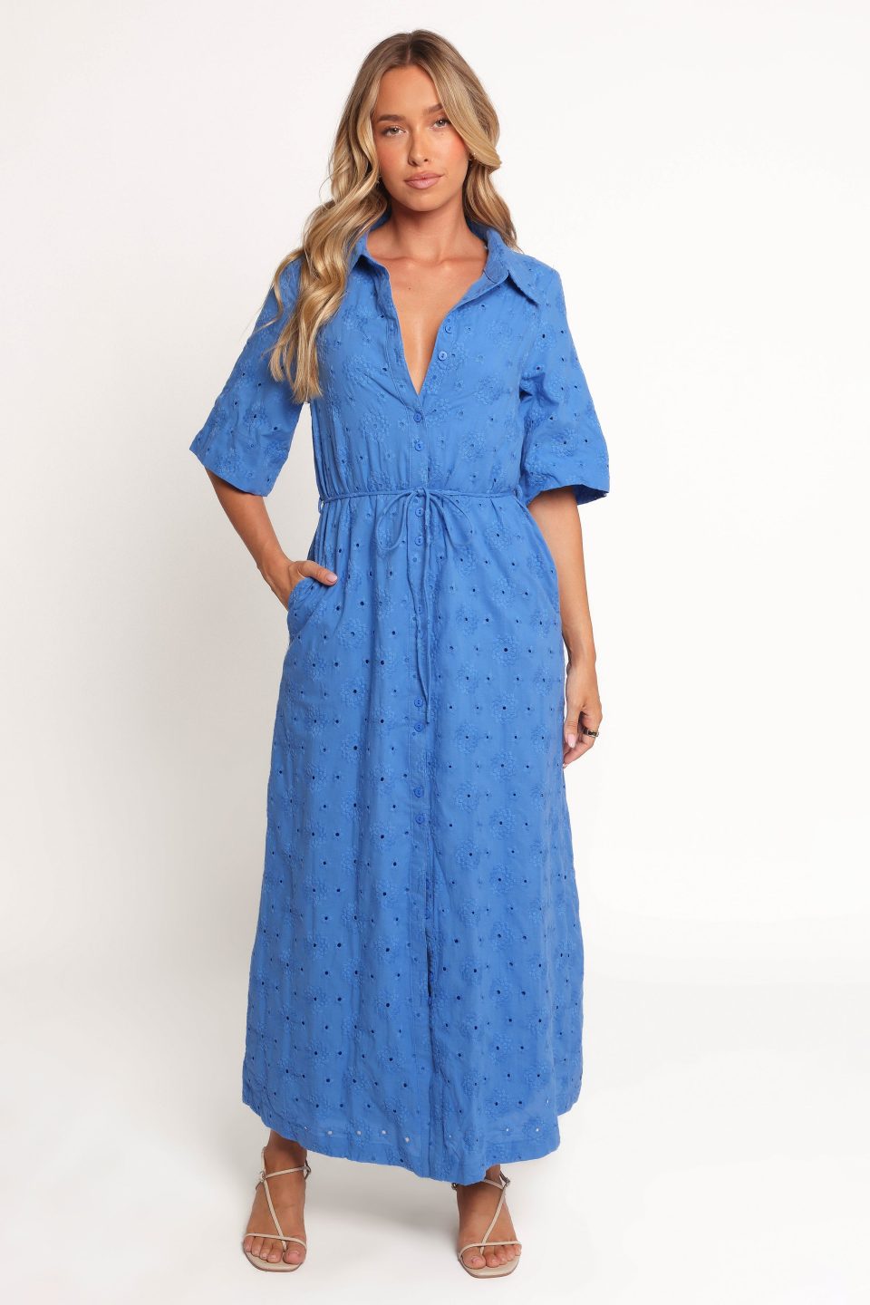 Cooper Embroidered Button Through Midi Dress - Cobalt