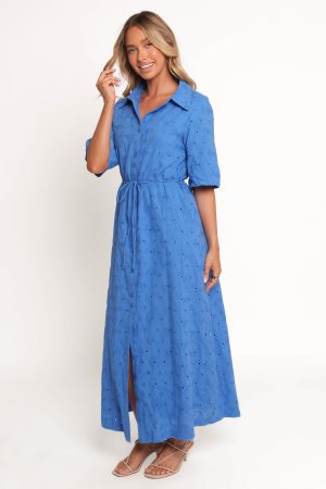 Cooper Embroidered Button Through Midi Dress – Cobalt