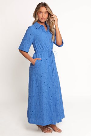 Cooper Embroidered Button Through Midi Dress – Cobalt