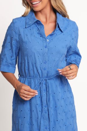 Cooper Embroidered Button Through Midi Dress – Cobalt