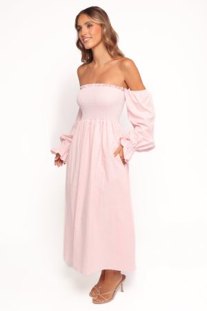 Domenica Shirred Long Sleeve Midi Dress – Pink