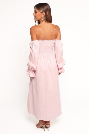Domenica Shirred Long Sleeve Midi Dress – Pink