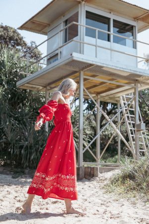 Domenica Shirred Long Sleeve Midi Dress – Red Floral Bandana