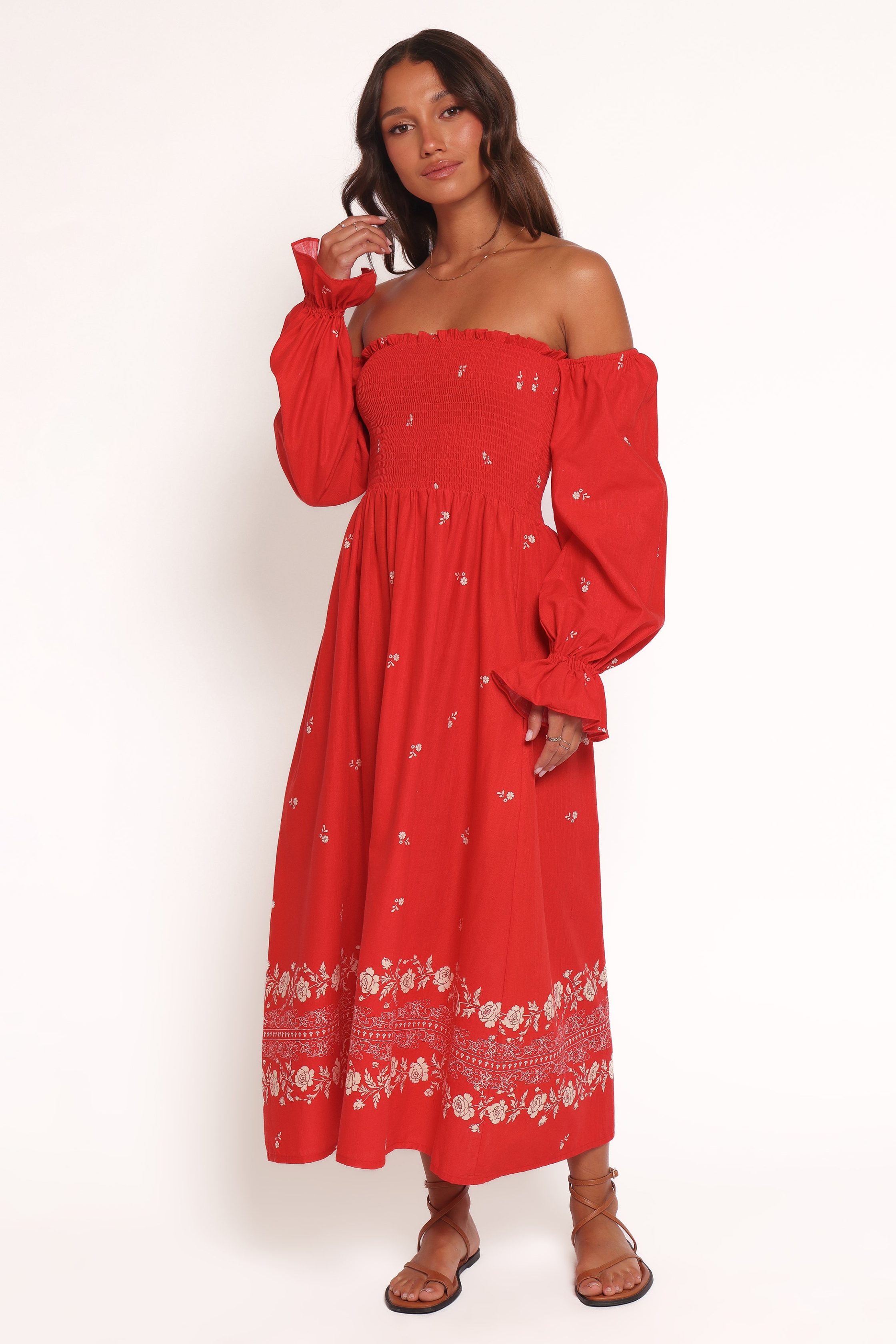 DomenicaShirredLongSleeveMidiDress-RedFloralBandana2766-10