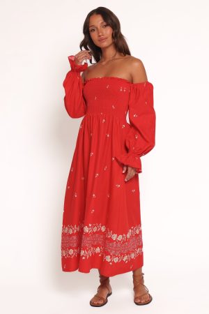 Domenica Shirred Long Sleeve Midi Dress – Red Floral Bandana