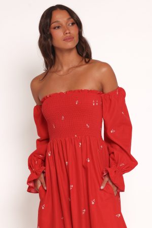 Domenica Shirred Long Sleeve Midi Dress – Red Floral Bandana