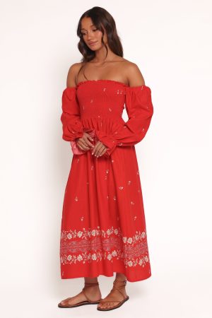 Domenica Shirred Long Sleeve Midi Dress – Red Floral Bandana