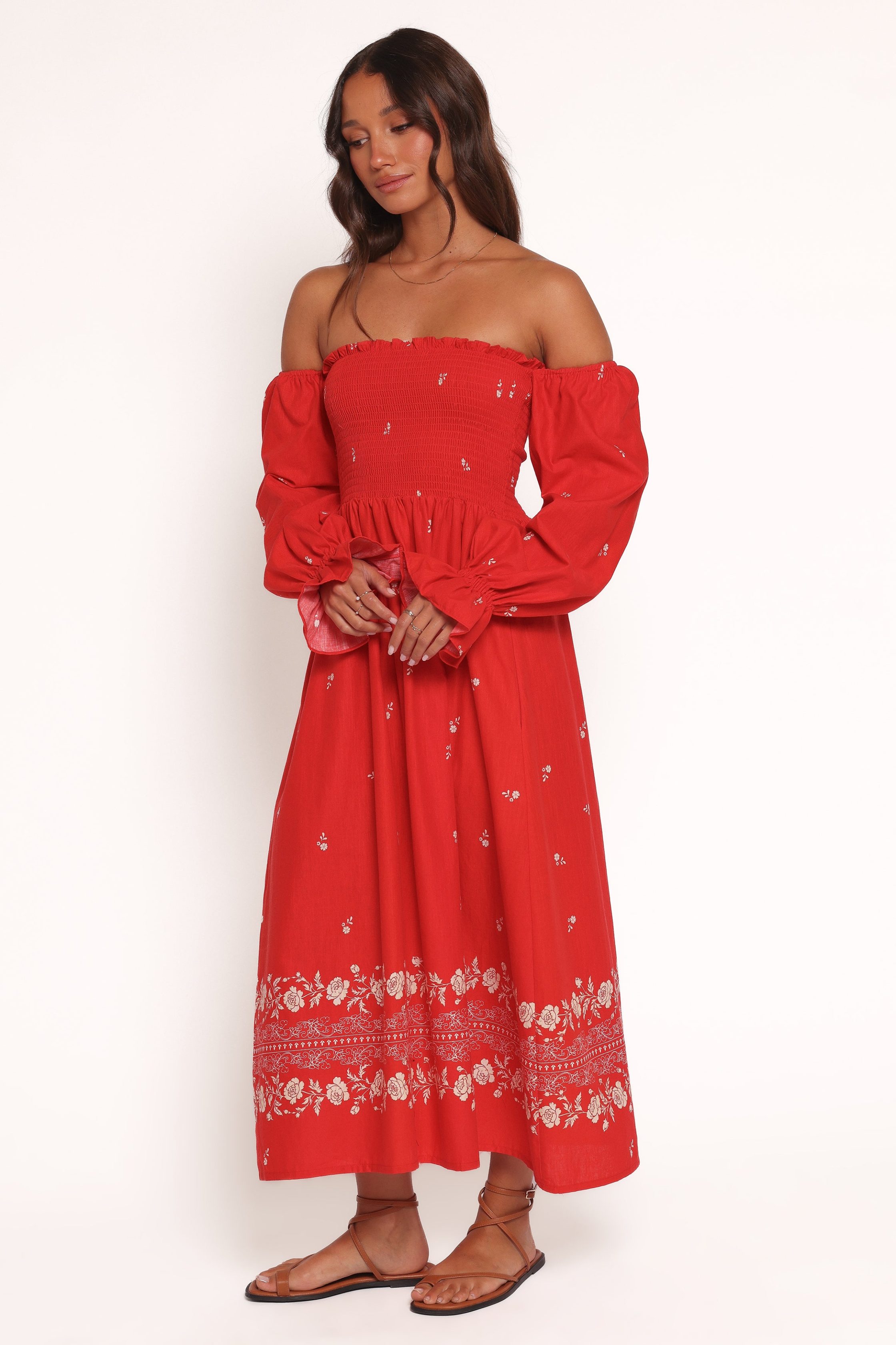 DomenicaShirredLongSleeveMidiDress-RedFloralBandana2798-10
