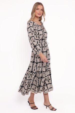 Faris Off Shoulder Midi Dress – Black Geo