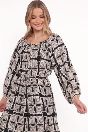 Faris Off Shoulder Midi Dress – Black Geo