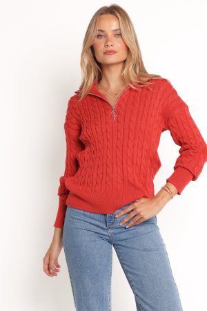 Frida Quarter Zip Knit Sweater – Red