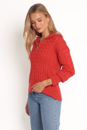 Frida Quarter Zip Knit Sweater – Red