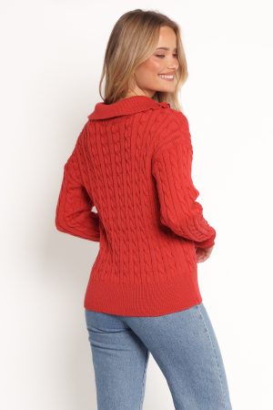 Frida Quarter Zip Knit Sweater – Red
