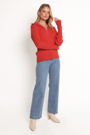 Frida Quarter Zip Knit Sweater – Red