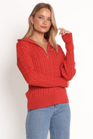 Frida Quarter Zip Knit Sweater – Red