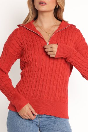 Frida Quarter Zip Knit Sweater – Red
