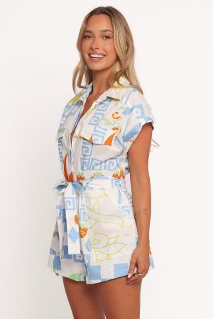 Georgina Tie Waist Romper – White Multi