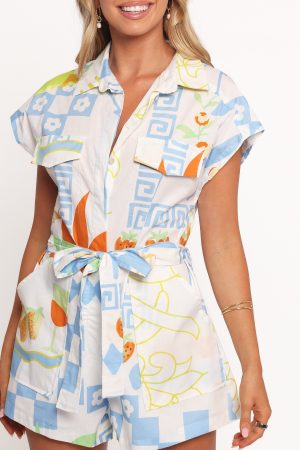 Georgina Tie Waist Romper – White Multi
