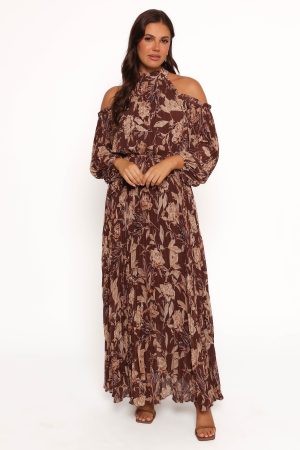 Hilary Pleated Maxi Dress – Brown Floral