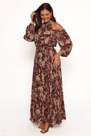 Hilary Pleated Maxi Dress – Brown Floral